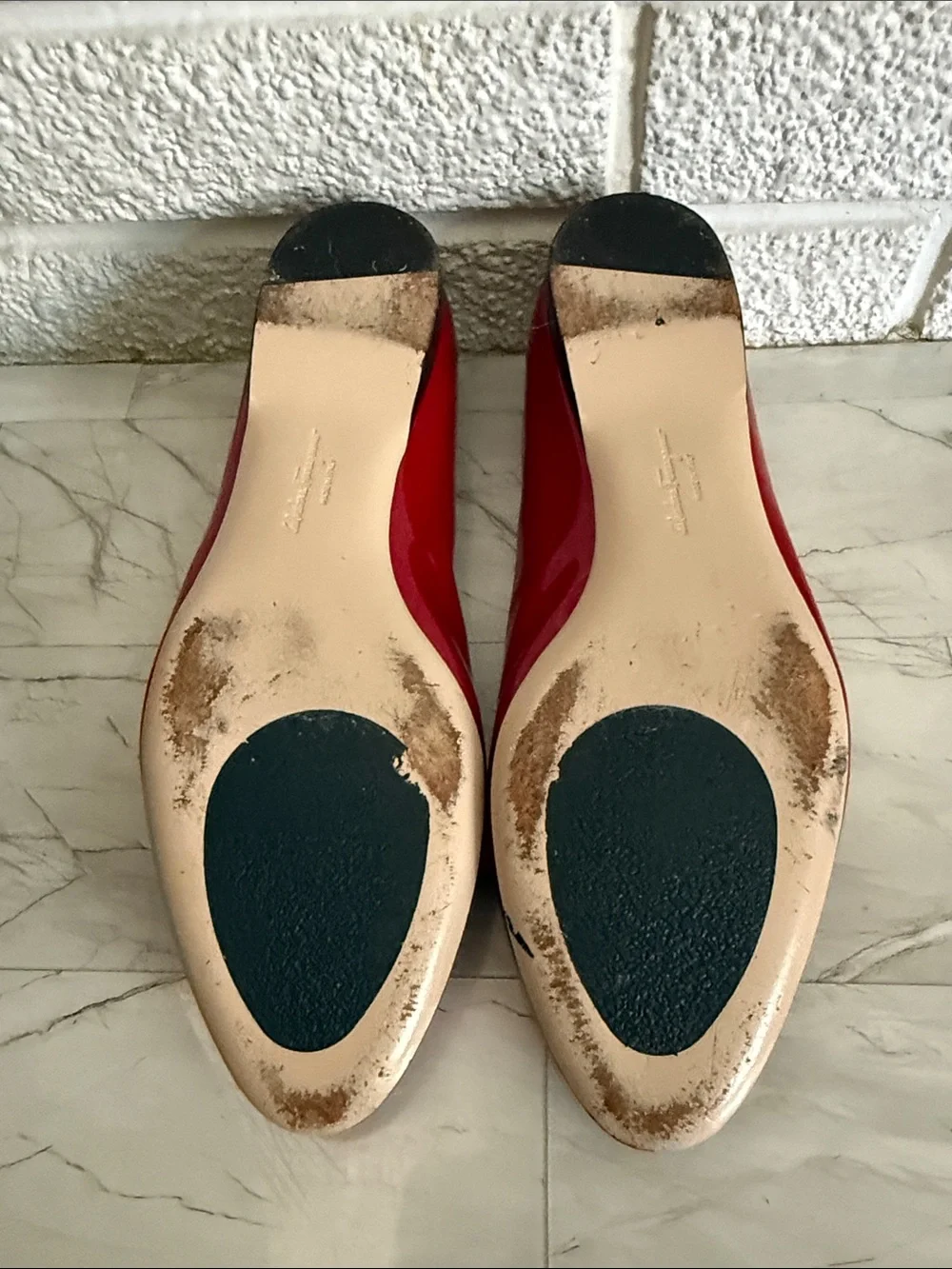 Salvatore Ferragamo Red Patent Leather Buckle Flats with Gold Hardware